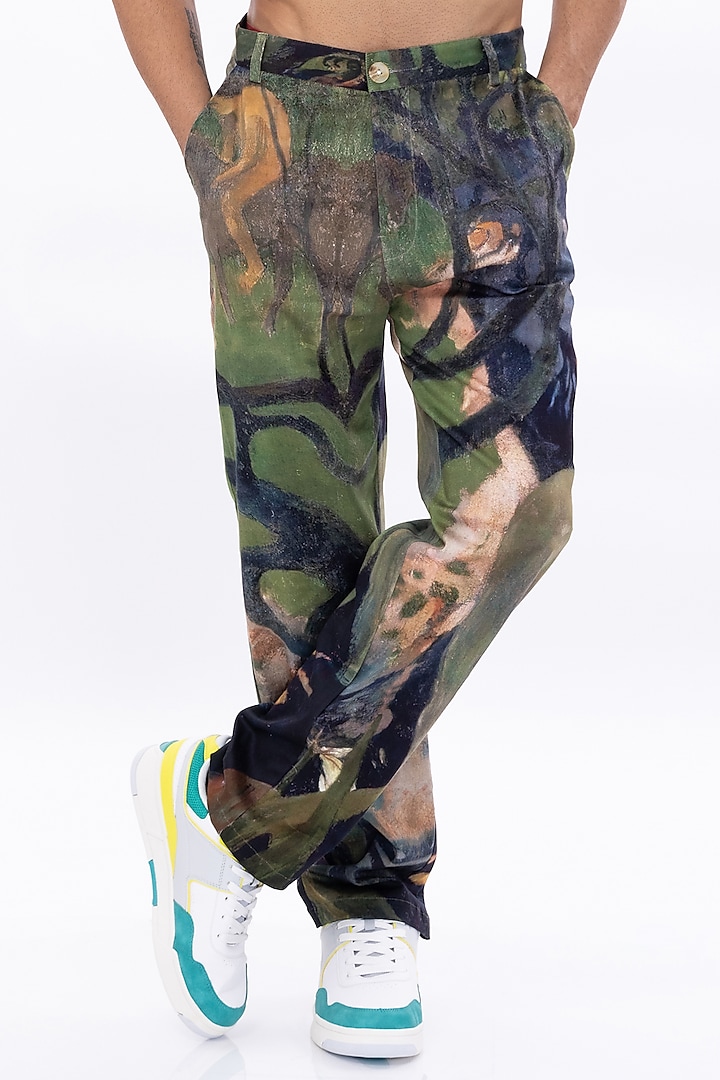 Multi-Colored Cotton Satin Lycra Digital Printed Pants by Aurge Studios