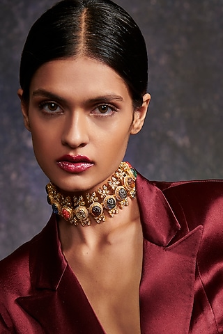 Gold Finish Synthetic Stone Choker Necklace by Aulerth X Tribe Amrapali