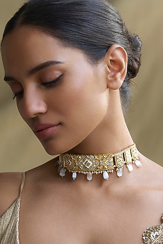 Gold Finish Synthetic Stone Choker Necklace by Aulerth X JJV by JJ Valaya