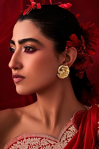 Gold Finish Synthetic Stone Stud Earrings by Aulerth X Ekaya Banaras