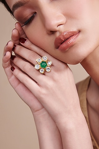 Gold Finish Synthetic Stone Ring by Aulerth X Suneet Varma