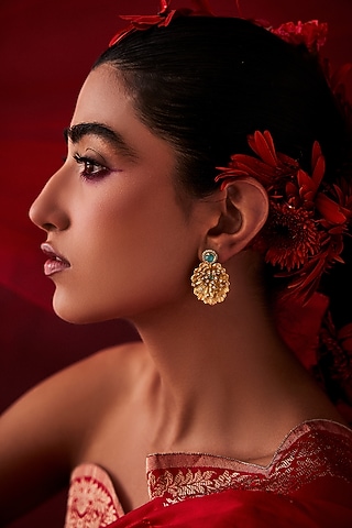 Gold Finish Synthetic Stone Dangler Earrings by Aulerth X Ekaya Banaras