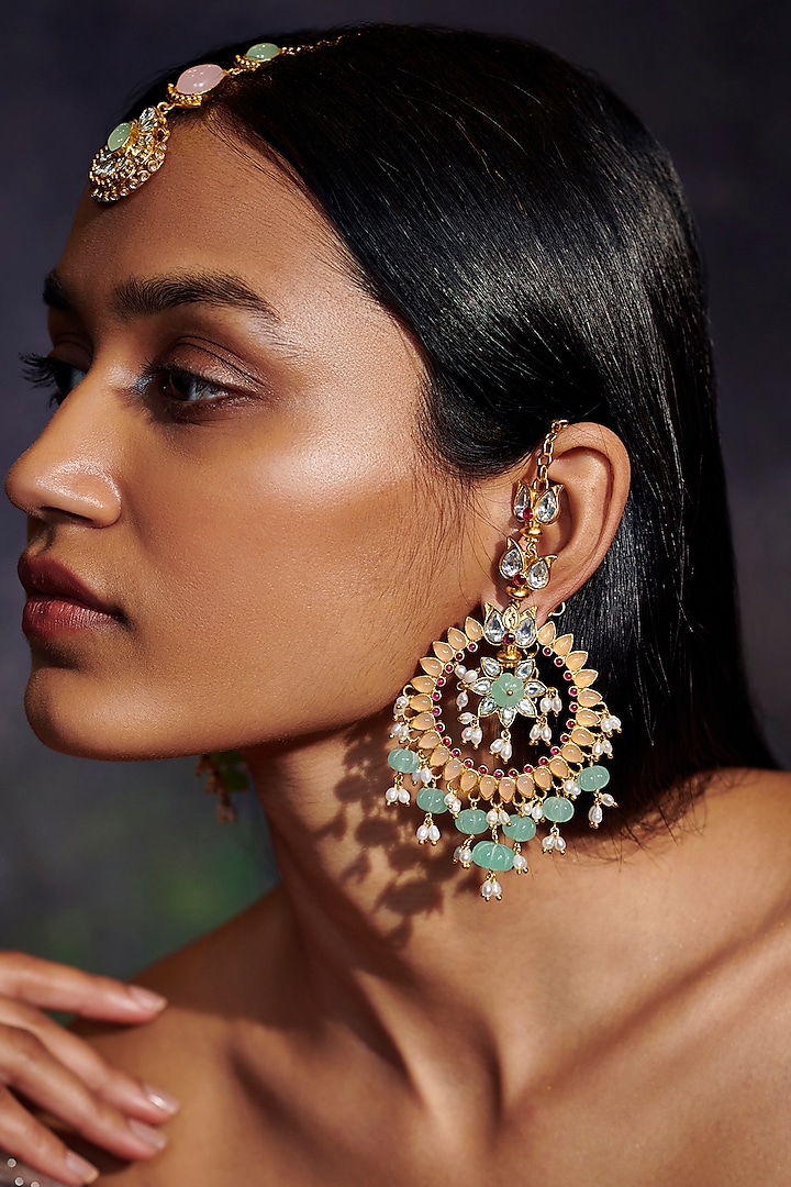 Gold Finish Synthetic Stone Chandbaali Earrings by AULERTH