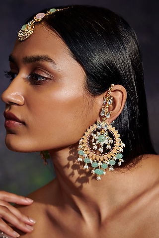 Gold Finish Synthetic Stone Chandbaali Earrings by Aulerth X Tribe Amrapali