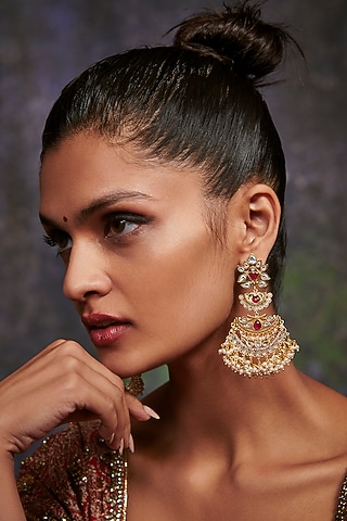 Gold Finish Synthetic Stone Dangler Earrings by Aulerth X Tribe Amrapali