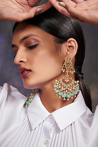Gold Finish Synthetic Stone Dangler Earrings by Aulerth X Tribe Amrapali