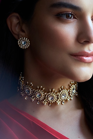 Gold Finish Synthetic Stone Choker Necklace by Aulerth X Suneet Varma
