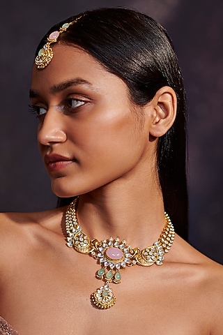 Gold Finish Synthetic Stone Necklace by Aulerth X Tribe Amrapali