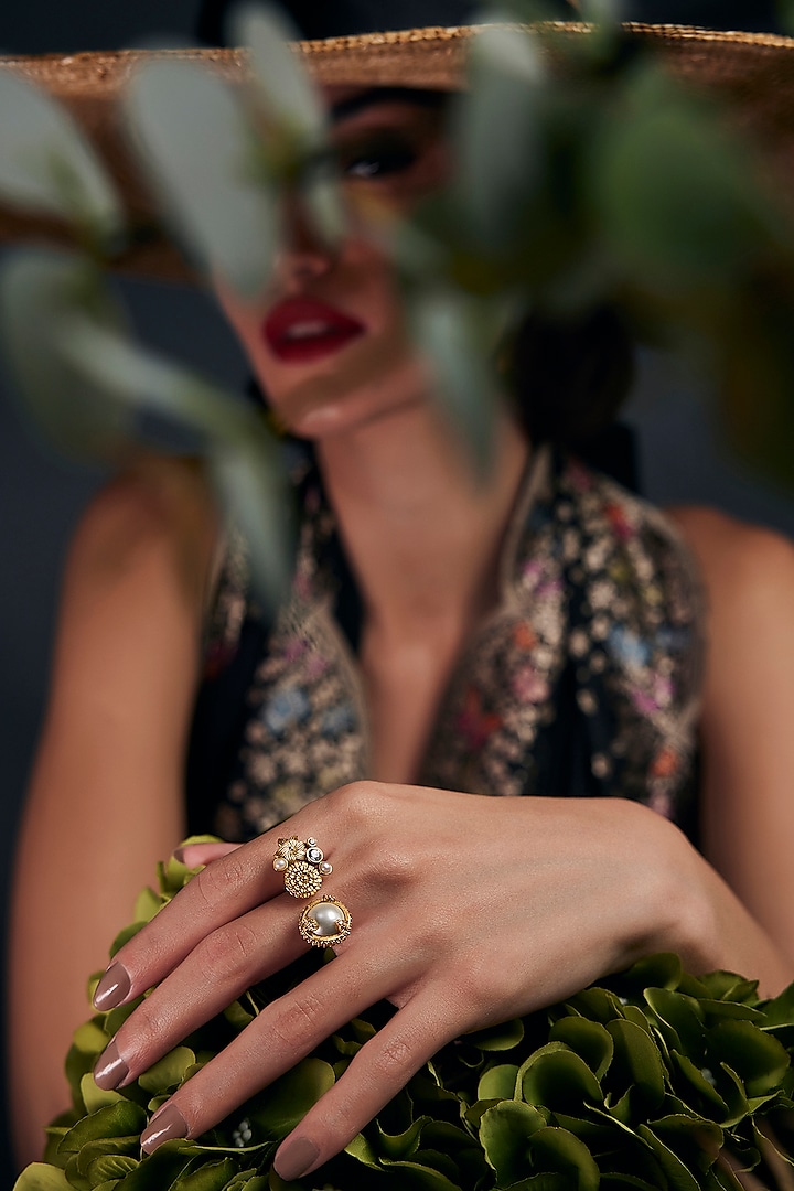 Gold Plated Morning Star & Pastel Plum Stone Opaline Ring by Aulerth X Ekaya Banaras