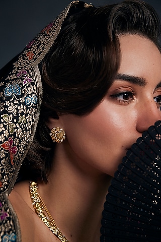 Gold Plated Floral Motif & Pearl Opaline Stud Earrings by Aulerth X Ekaya Banaras