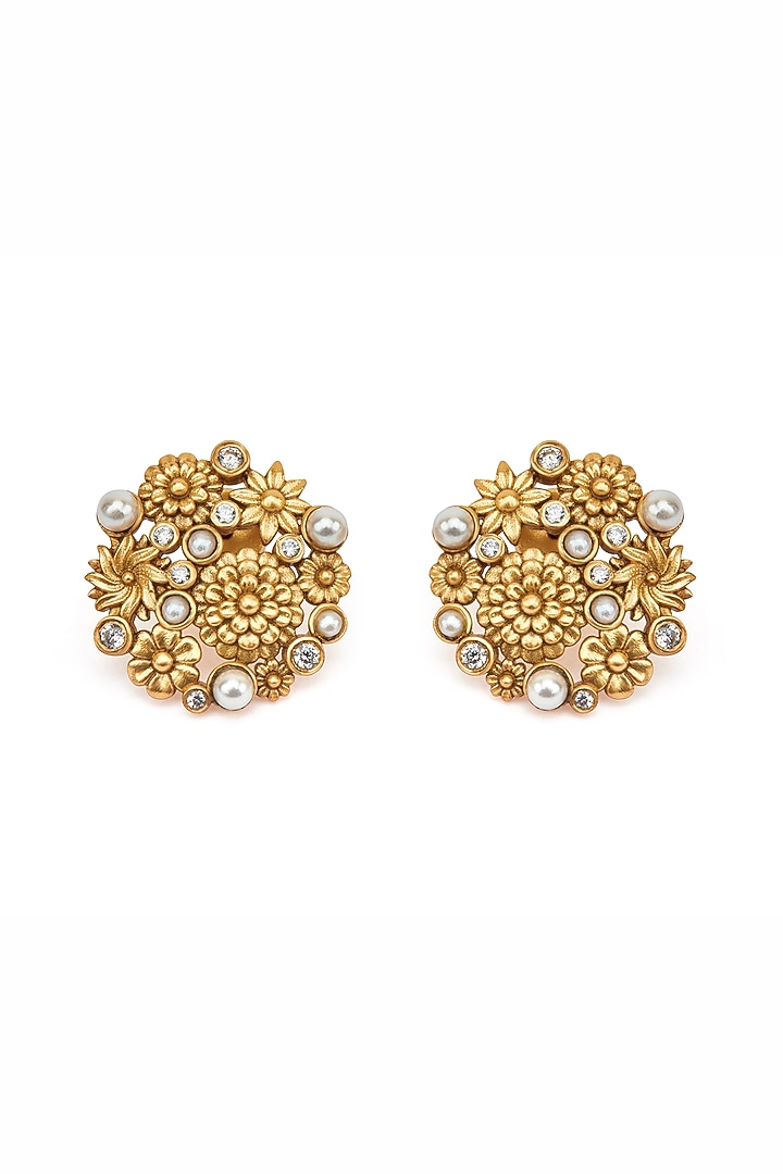 Gold Plated Floral Motif & Pearl Opaline Stud Earrings by Aulerth X Ekaya Banaras at Pernia's Pop Up Shop