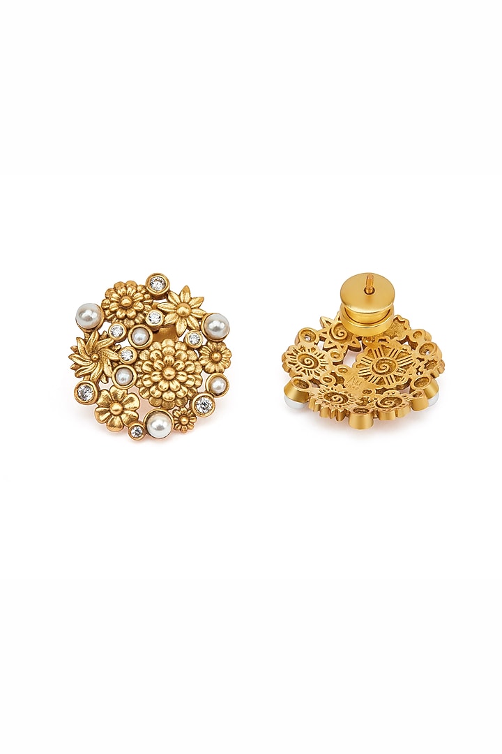 Gold Plated Floral Motif & Pearl Opaline Stud Earrings by Aulerth X Ekaya Banaras at Pernia's Pop Up Shop