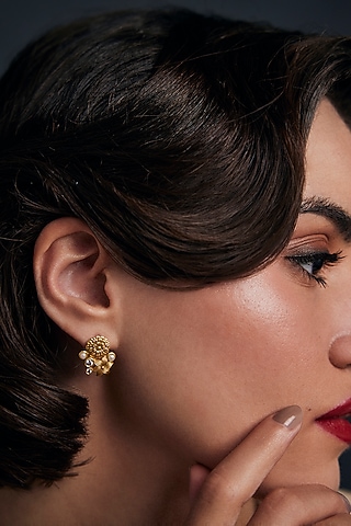 Gold Plated Morning Star & Floral Motif Opaline Dangler Earrings by Aulerth X Ekaya Banaras