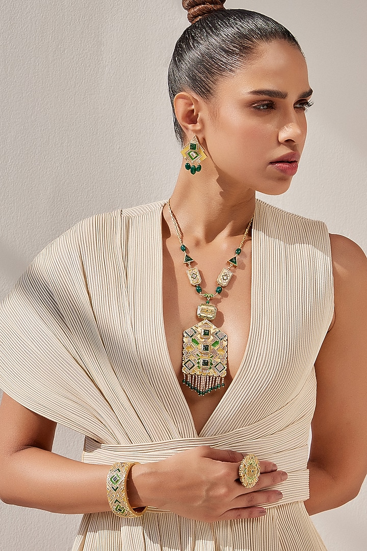 Gold Plated 53.5 Carat Regal Moss Stone & Pearl Necklace by Aulerth X JJV by JJ Valaya at Pernia's Pop Up Shop
