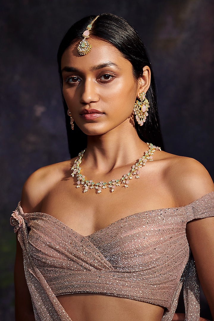 Gold Plated 43 Carat Multi-Colored Stone Kundan Polki Pair of