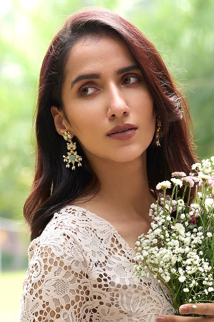 Gold Plated Kundan Polki Dangler Earrings by Aulerth X Tribe