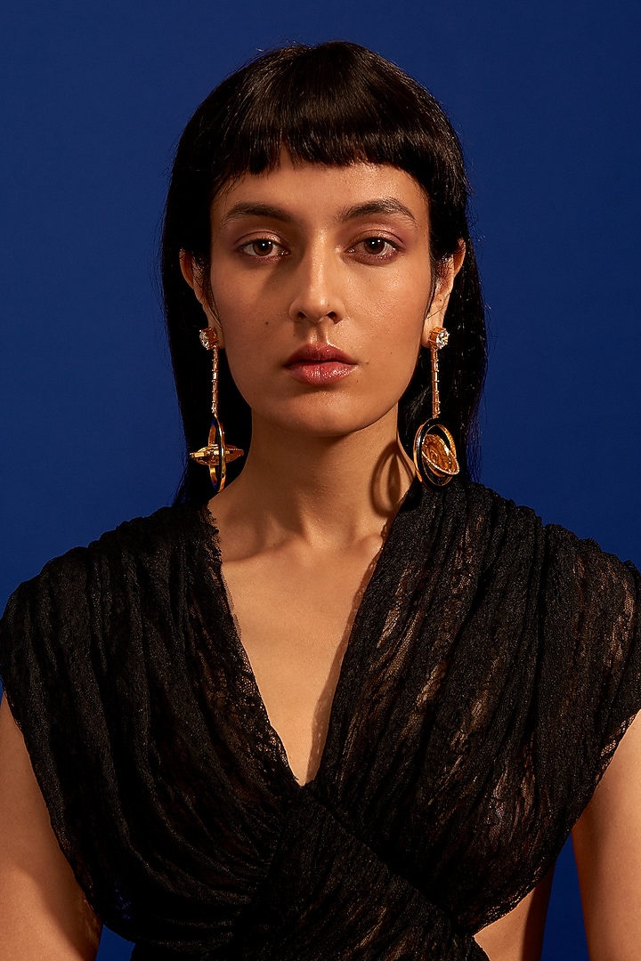 Gold Plated Morning Star & Champagne Stone Enameled Dangler Earrings by Aulerth X Shivan & Narresh at Pernia's Pop Up Shop