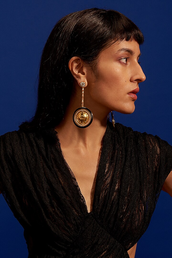 Gold Plated Morning Star & Champagne Stone Enameled Dangler Earrings by Aulerth X Shivan & Narresh at Pernia's Pop Up Shop