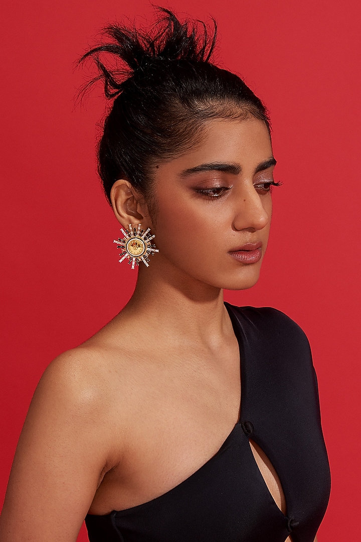 Gold Plated Morning Star & Champagne Stone Enameled Dangler Earrings by Aulerth X Shivan & Narresh at Pernia's Pop Up Shop