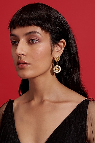 Gold Plated Morning Star & Pastel Plum Enameled Dangler Earrings by Aulerth X Shivan & Narresh