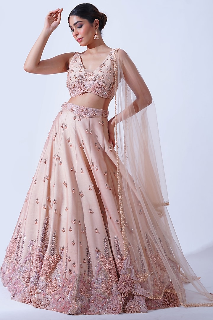 Peach Silk Pearl Hand Embroidered Bridal Lehenga Set by Aurouss at Pernia's Pop Up Shop
