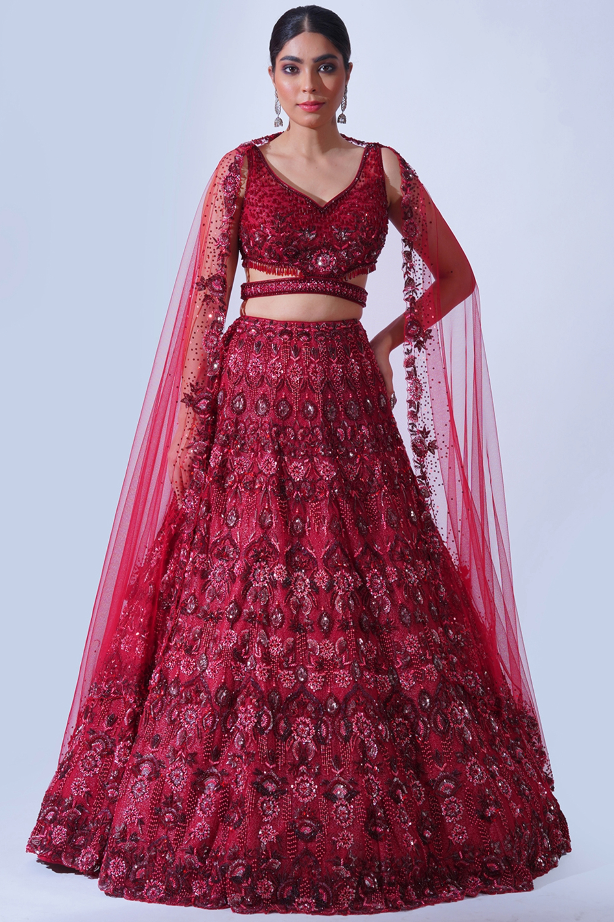 Maroon Mesh Net Crystal Hand Embroidered Bridal Lehenga Set by Aurouss at Pernia's Pop Up Shop