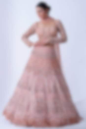 Peach Crepe & Tulle Hand Embroidered Kalidar Bridal Lehenga Set by Aurouss at Pernia's Pop Up Shop