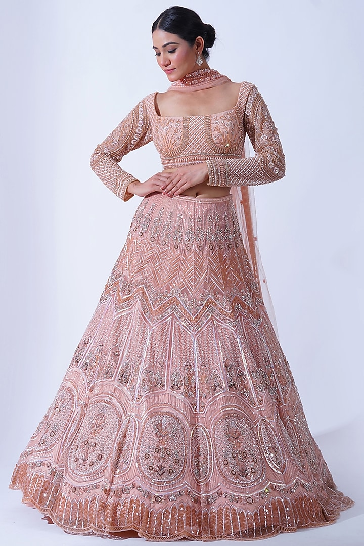 Peach Crepe & Tulle Hand Embroidered Kalidar Bridal Lehenga Set by Aurouss at Pernia's Pop Up Shop