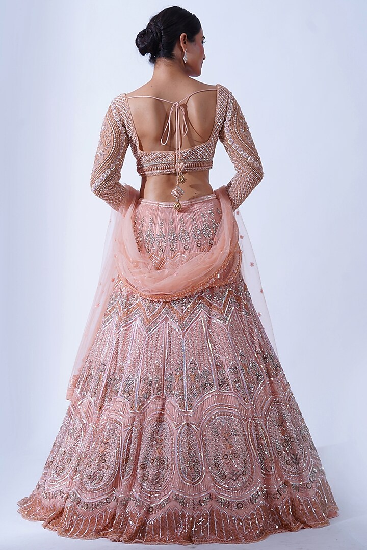 Peach Crepe & Tulle Hand Embroidered Kalidar Bridal Lehenga Set by Aurouss at Pernia's Pop Up Shop