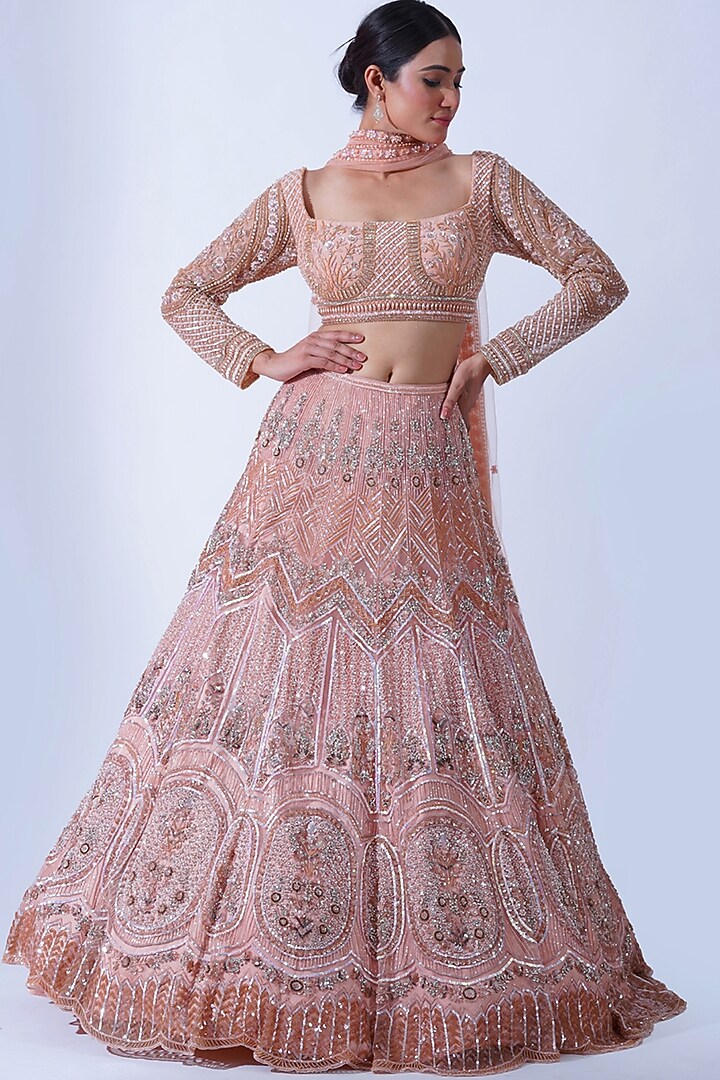 Peach Crepe & Tulle Hand Embroidered Kalidar Bridal Lehenga Set by Aurouss at Pernia's Pop Up Shop