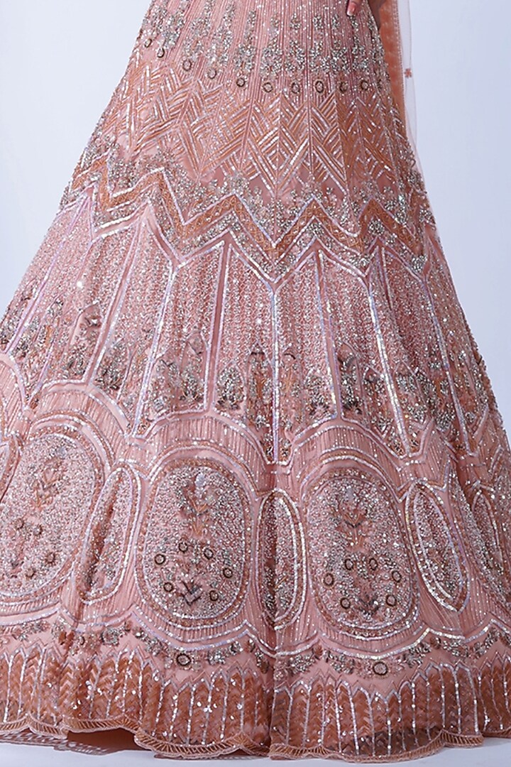 Peach Crepe & Tulle Hand Embroidered Kalidar Bridal Lehenga Set by Aurouss at Pernia's Pop Up Shop