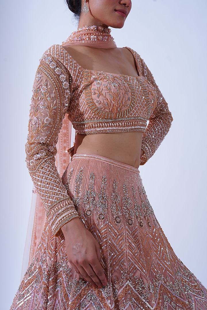 Peach Crepe & Tulle Hand Embroidered Kalidar Bridal Lehenga Set by Aurouss at Pernia's Pop Up Shop
