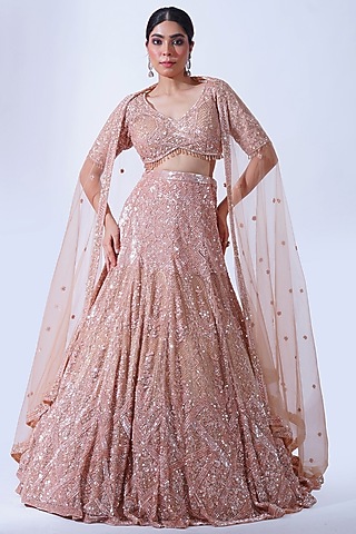Peach Tulle Pearl & Crystal Embroidered Kalidar Lehenga Set by Aurouss