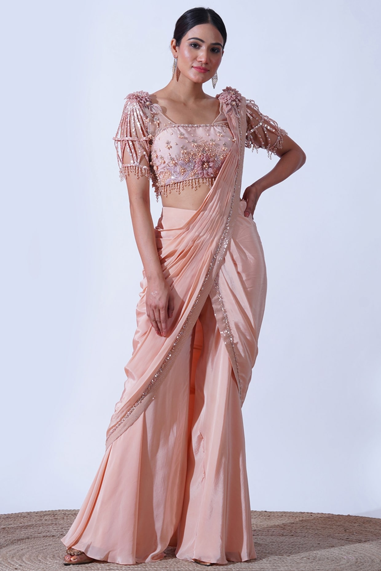 Buy Brown Dupion Draped Pant Saree Set For Women by Masumi Mewawalla Online  at Aza Fashions.