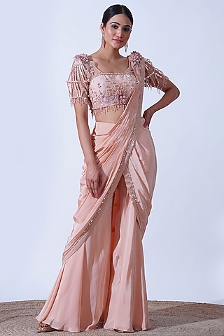 Peach Crepe & Silk Draped Palazzo Saree Set by Aurouss