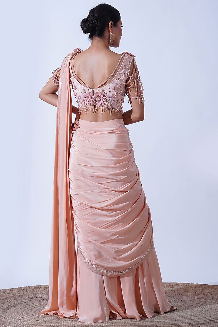 Peach Crepe & Silk Draped Palazzo Wedding Saree Set by Aurouss at Pernia's Pop Up Shop