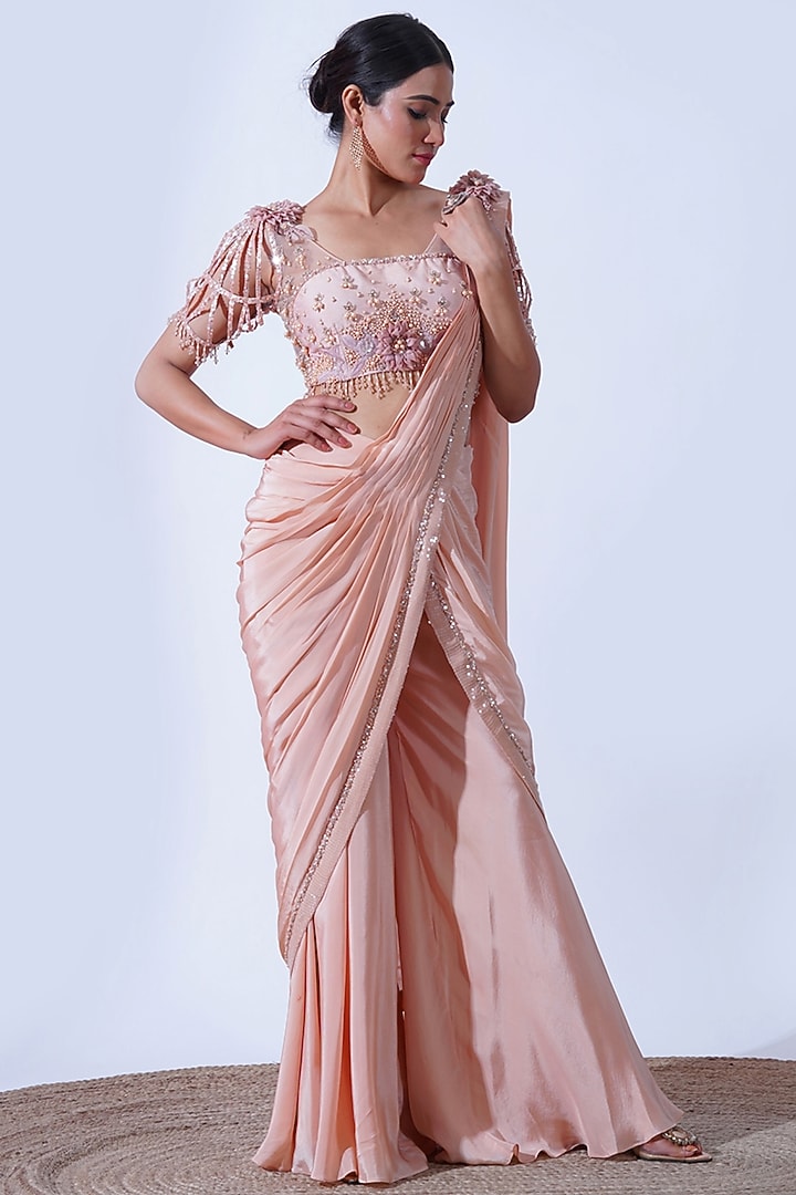 Peach Crepe & Silk Draped Palazzo Wedding Saree Set by Aurouss at Pernia's Pop Up Shop