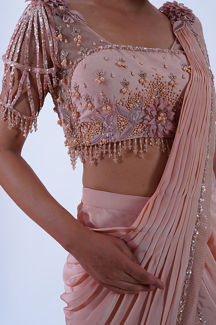 Peach Crepe & Silk Draped Palazzo Wedding Saree Set by Aurouss at Pernia's Pop Up Shop
