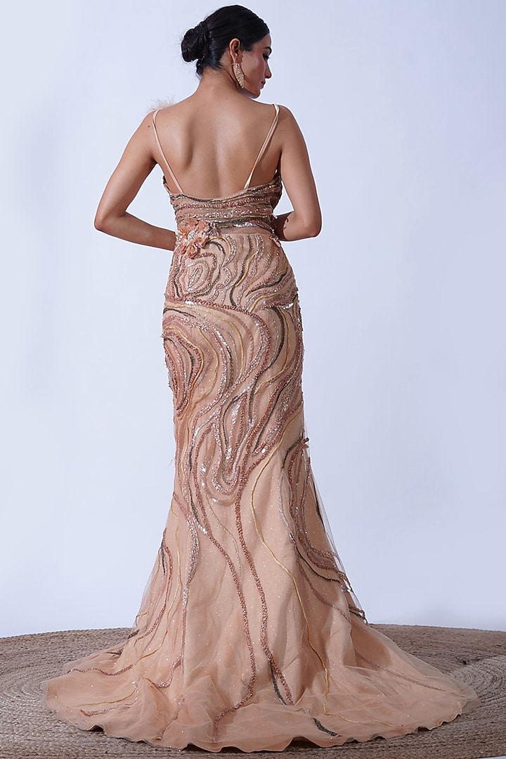 Peach Glitter Tulle & Silk Hand Embroidered Mermaid Gown Design by Aurouss  at Pernia's Pop Up Shop 2026