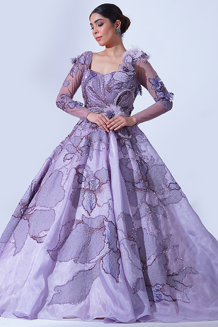 Mauve Organza & Tulle Hand Embroidered Ball Gown by Aurouss