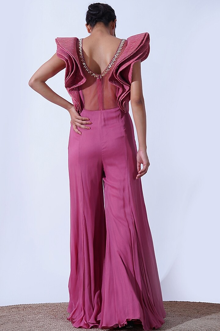 Dull Pink Georgette Crystal Hand Embroidered Flared Jumpsuit by Aurouss at Pernia's Pop Up Shop