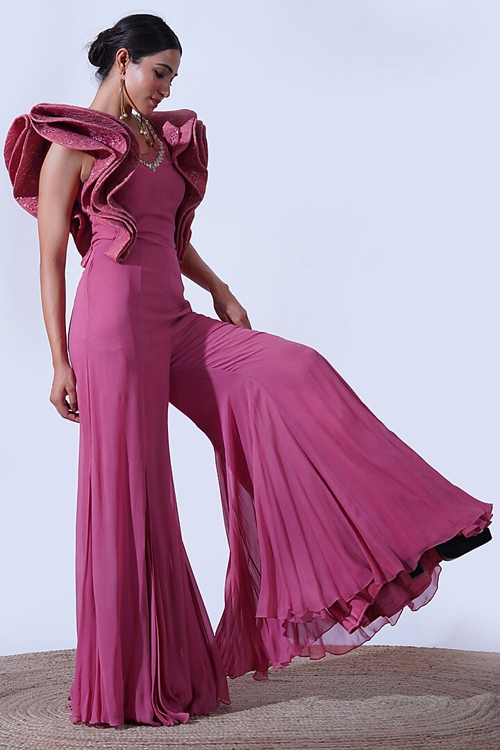 Dull Pink Georgette Crystal Hand Embroidered Flared Jumpsuit by Aurouss at Pernia's Pop Up Shop