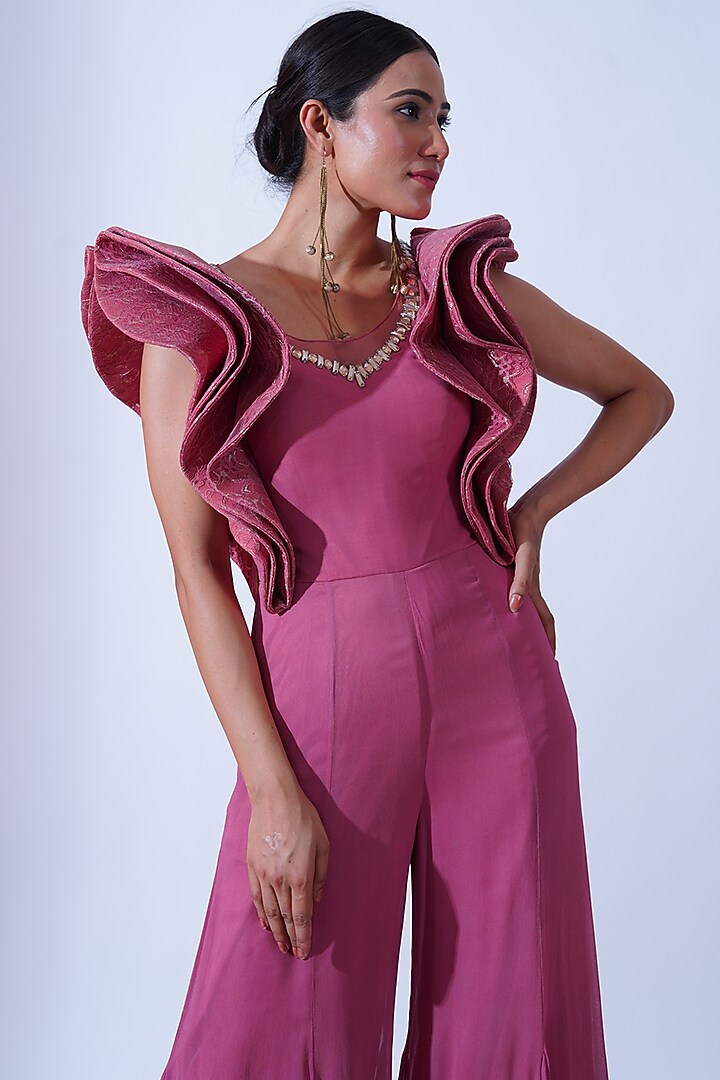 Dull Pink Georgette Crystal Hand Embroidered Flared Jumpsuit by Aurouss at Pernia's Pop Up Shop