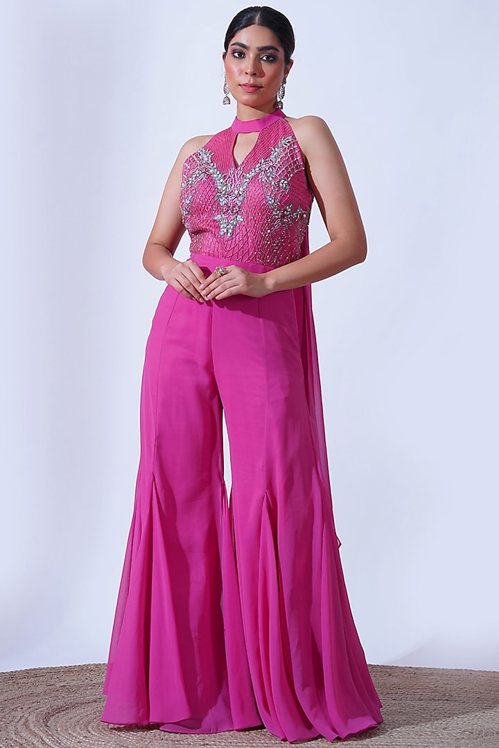Pink Georgette & Tulle Sequins Hand Embroidered Jumpsuit by Aurouss