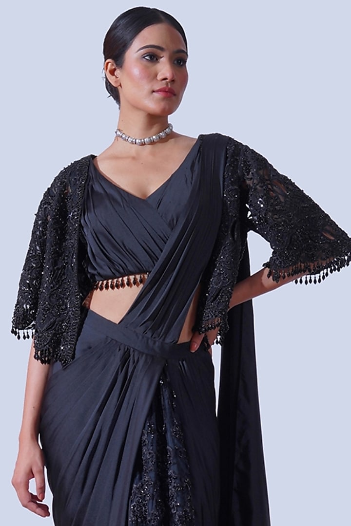 Black Tulle Cutwork Embroidered Cape by Aurouss