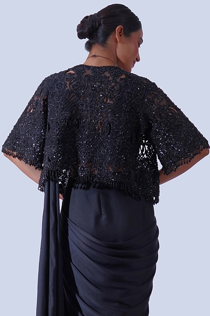 Black Tulle Cutwork Embroidered Cape by Aurouss at Pernia's Pop Up Shop