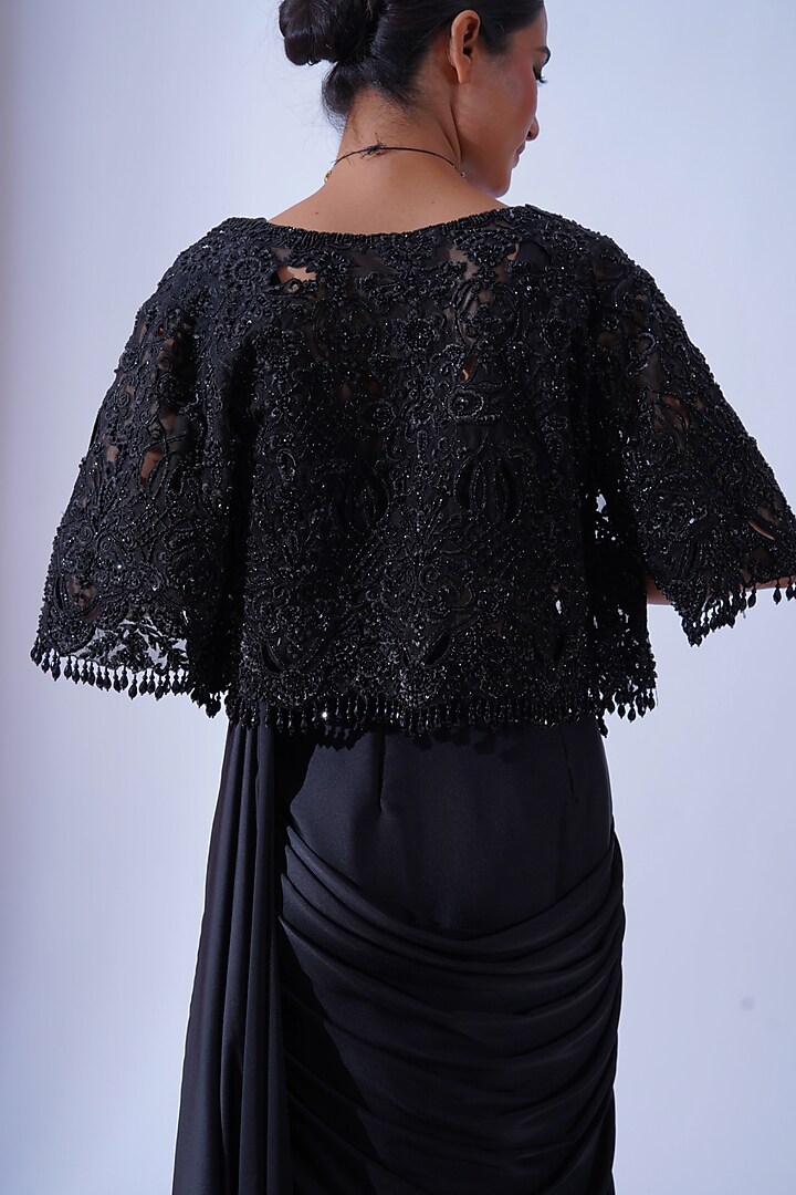 Black Tulle Cutwork Embroidered Cape by Aurouss at Pernia's Pop Up Shop