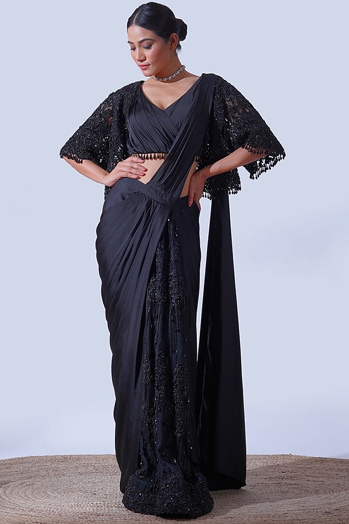 Black Tulle Cutwork Embroidered Cape by Aurouss at Pernia's Pop Up Shop