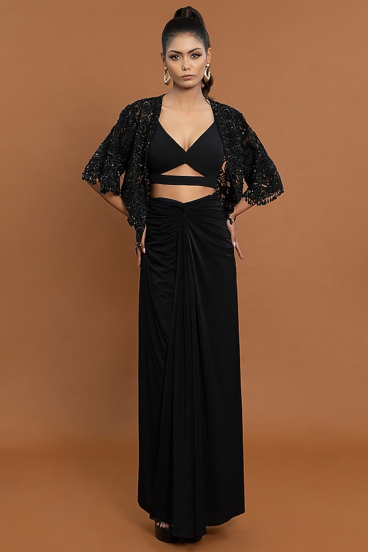 Black Jersey & Tulle Draped Skirt Set by Aurouss at Pernia's Pop Up Shop