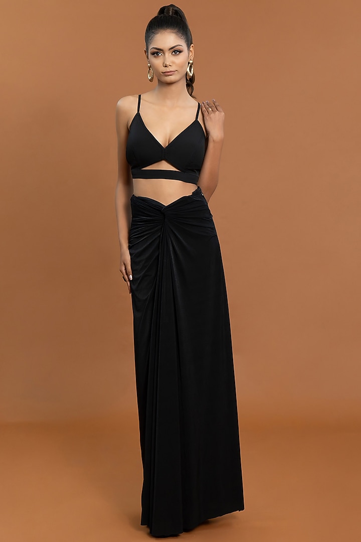 Black Jersey & Tulle Draped Skirt Set by Aurouss at Pernia's Pop Up Shop